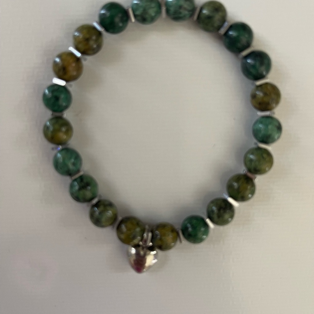 Green and Brown Beaded Bracelet with Silver Heart Charm